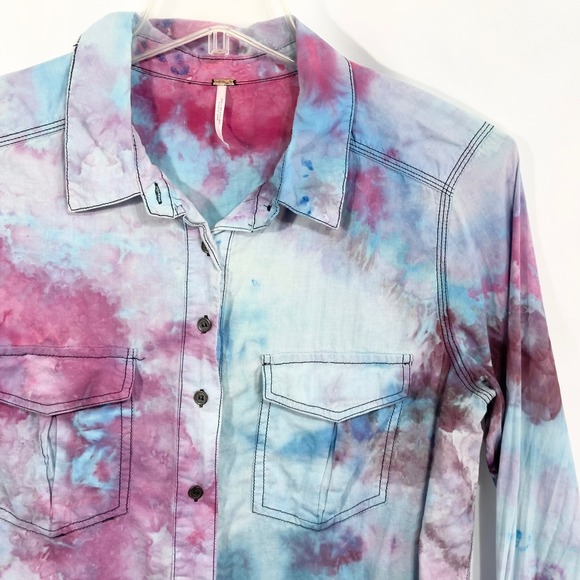 Free People Medium Top Handmade Tie Dye Button Down Long Sleeve Purple Blue 1195 - Picture 5 of 11